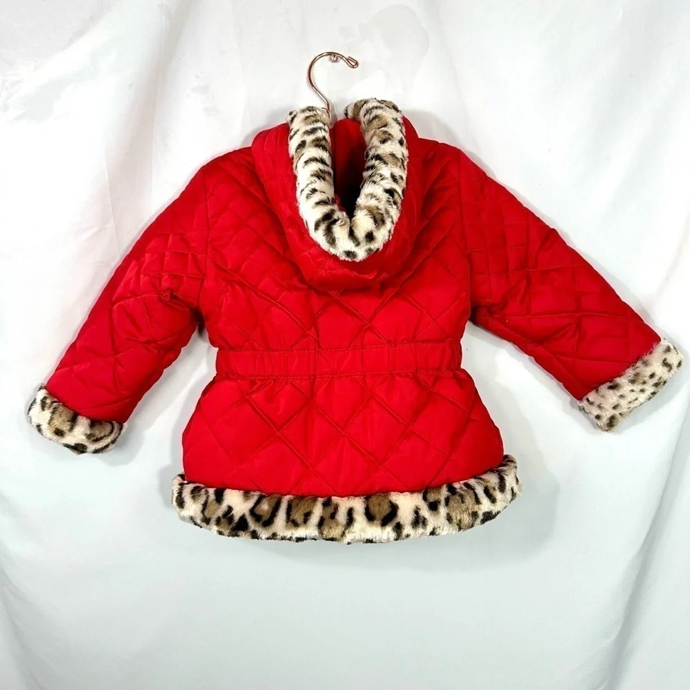 Girls Pistachio red puffer jacket with faux fur trim size 3T